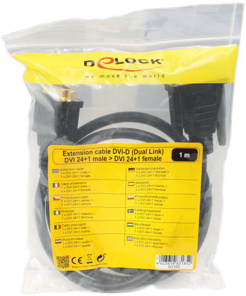 DeLOCK Verlängerungskabel DVI-D 1xDVI 24+1 Stecker > 1x DVI 24+1 Buchse 1 Meter
