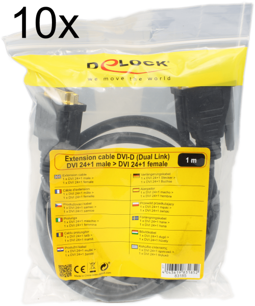10x DeLOCK Verlängerungskabel DVI-D DVI 24+1 Stecker > DVI 24+1 Buchse 1 Meter